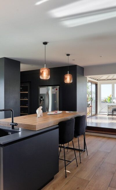 Living room with open kitchen in Nice Cimiez apartment, panoramic terrace